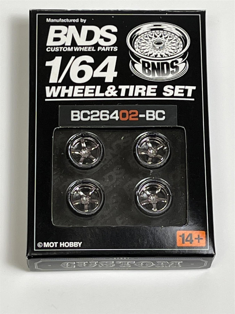 BNDS Custom Wheel Parts Wheel and Tyre Set Black Chrome 1:64 MOT Hobby BC26402BC