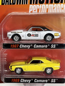 1967 Chevy Camaro SS and 1969 Chevy Camaro SS White Yellow 1:64 Johnny Lightning JLPK013B