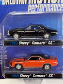 1967 Chevy Camaro SS and 1969 Chevy Camaro SS Black Orange 1:64 Johnny Lightning JLPK013B