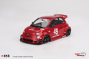 a red toy car with white text