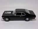 a black toy car with a skull on the hood