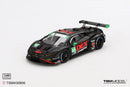 a black race car with green and red text