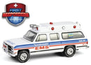 a white ambulance with red and blue stripes