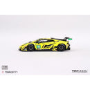 a yellow race car with black and yellow designs