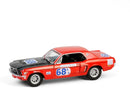 a red car with numbers on it