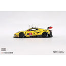 a yellow race car with black and red markings
