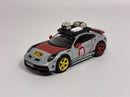 a toy car with a white and red stripe