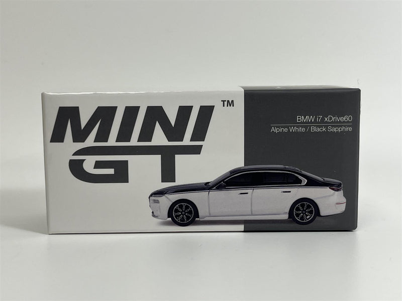 BMW i7 xDrive60 Alpine White Black Sapphire LHD 1:64 Mini GT MGT00959L