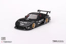 a black toy car with white text