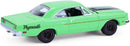 a green toy car with black wheels