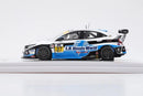 a race car with a blue and white background