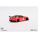 a red toy car with white text