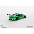 a green race car with black wheels