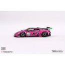 a pink race car with black and white graphics