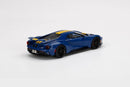 a blue sports car with yellow stripes