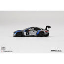 a toy car with a black and blue design