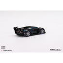 a black toy car with blue rims