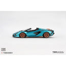 a blue sports car with orange rims
