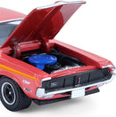 a red toy car with the hood open