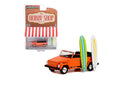 a toy car with a surfboard in the back