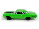 a green toy car with black stripes