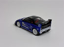 a blue toy car with white and black stripes