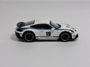 a white toy car with blue stripes
