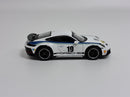 a white toy car with black numbers and a blue stripe