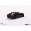 a black sports car with red stripes