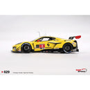 a yellow race car with red and black numbers