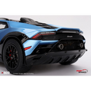 a close up of a blue sports car