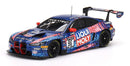 a blue race car with red and white stripes