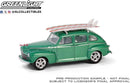 a green toy car with a surfboard on top