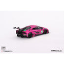 a pink toy car with black and green graphics