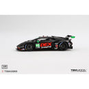 a black race car with green and red text