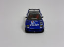 a blue toy car with white text on it