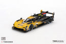 a yellow race car with black stripes