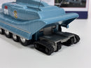 a blue toy vehicle with wheels