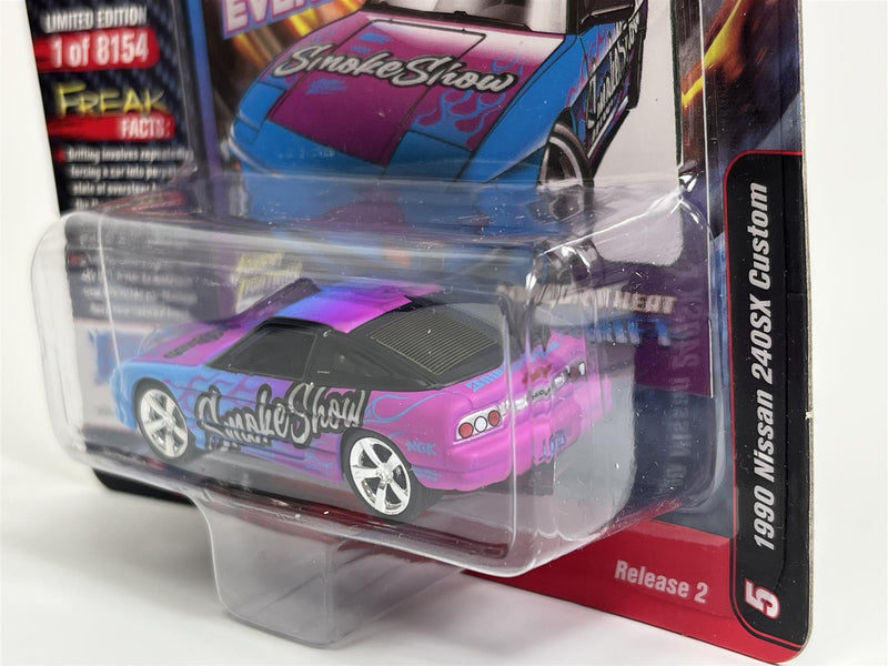 1990 Nissan 240SX Custom Bright Cyan with Magenta Flames 1:64 Johnny Lightning JLSF024A