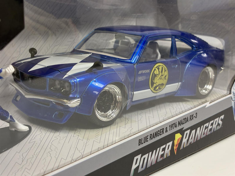 Power Rangers Blue Ranger Figure and 1974 Mazda RX-3 1:24 Scale Jada 34389