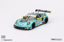 a blue race car with yellow and black stripes