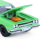 a green toy car with the hood open