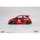 a red car with numbers on it