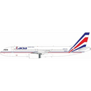 a white airplane with red and blue stripes