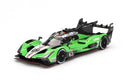 a green race car with white stripes and black stripes