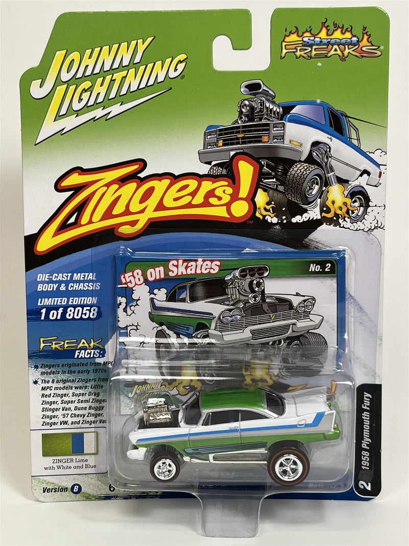 1958 Plymouth Fury  Zinger Lime with White and Blue 1:64 Johnny Lightning JLSF024B