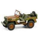 a toy jeep with a green and brown color