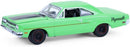 a green toy car with black wheels