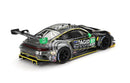 a black race car with yellow and green stripes
