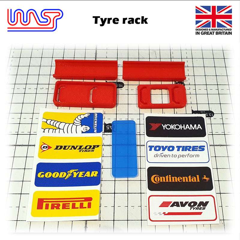 slot car scenery track side tyre wheel rack blue with logos 1:32 wasp